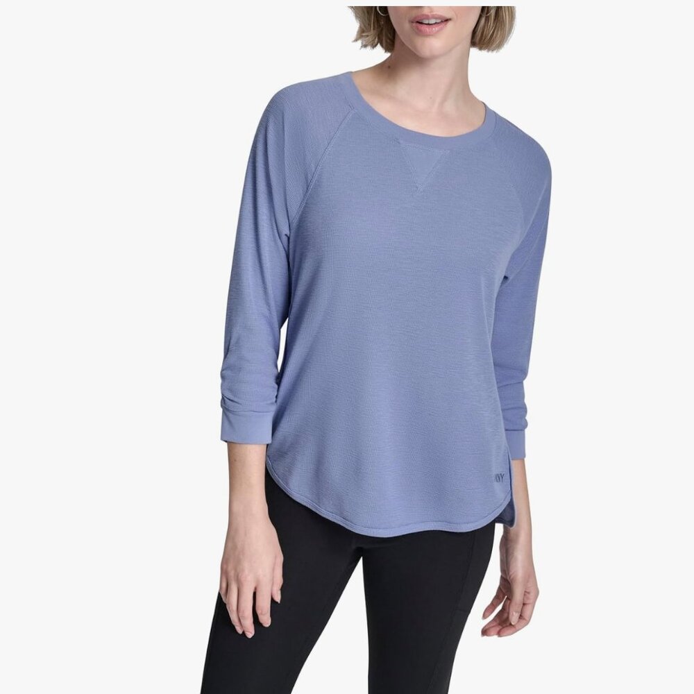 DKNY Womens Mini Waffle 3/4 Sleeve V-Neck Inset Shirt NWT